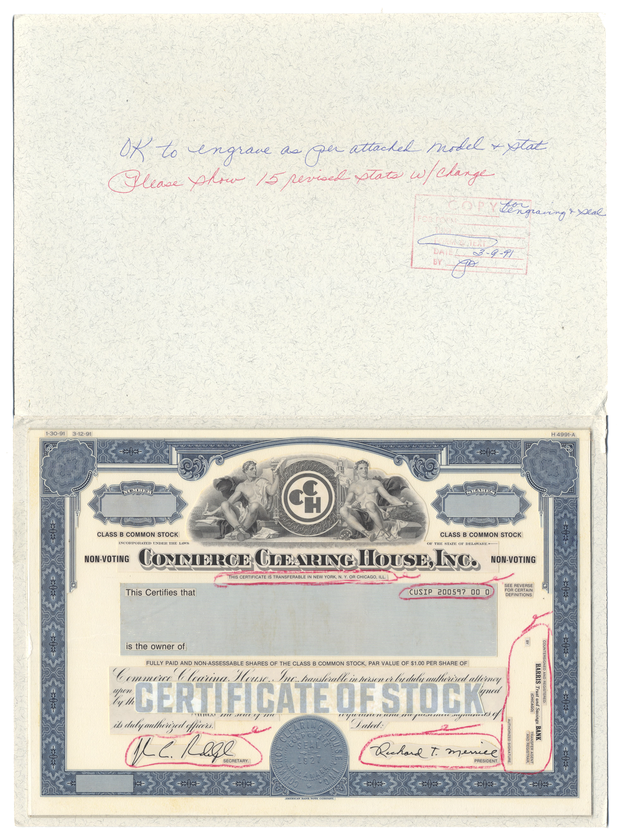 Very Rare COMMERCE CLEARING HOUSE Working Proof for the company's Class B Common stock