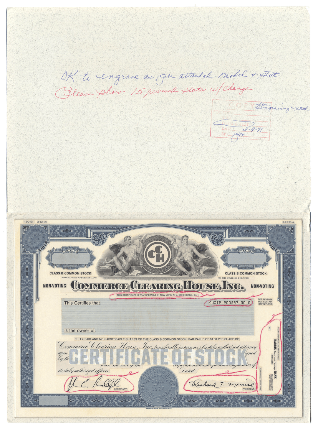 Very Rare COMMERCE CLEARING HOUSE Working Proof for the company's Class B Common stock
