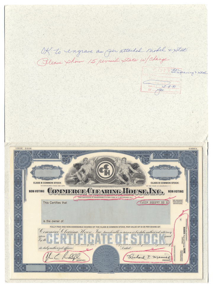Very Rare COMMERCE CLEARING HOUSE Working Proof for the company's Class B Common stock