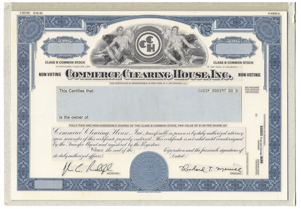 Very Rare COMMERCE CLEARING HOUSE Working Proof for the company's Class B Common stock