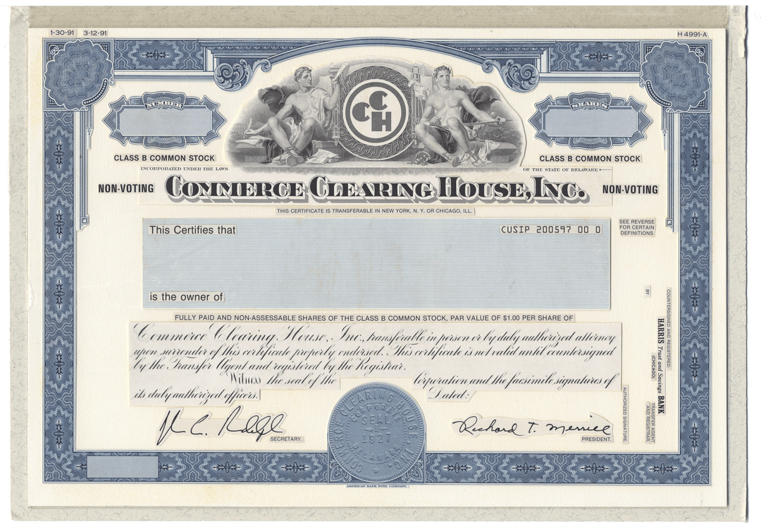 Very Rare COMMERCE CLEARING HOUSE Working Proof for the company's Class B Common stock
