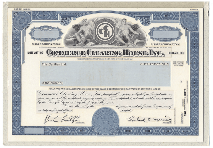 Very Rare COMMERCE CLEARING HOUSE Working Proof for the company's Class B Common stock