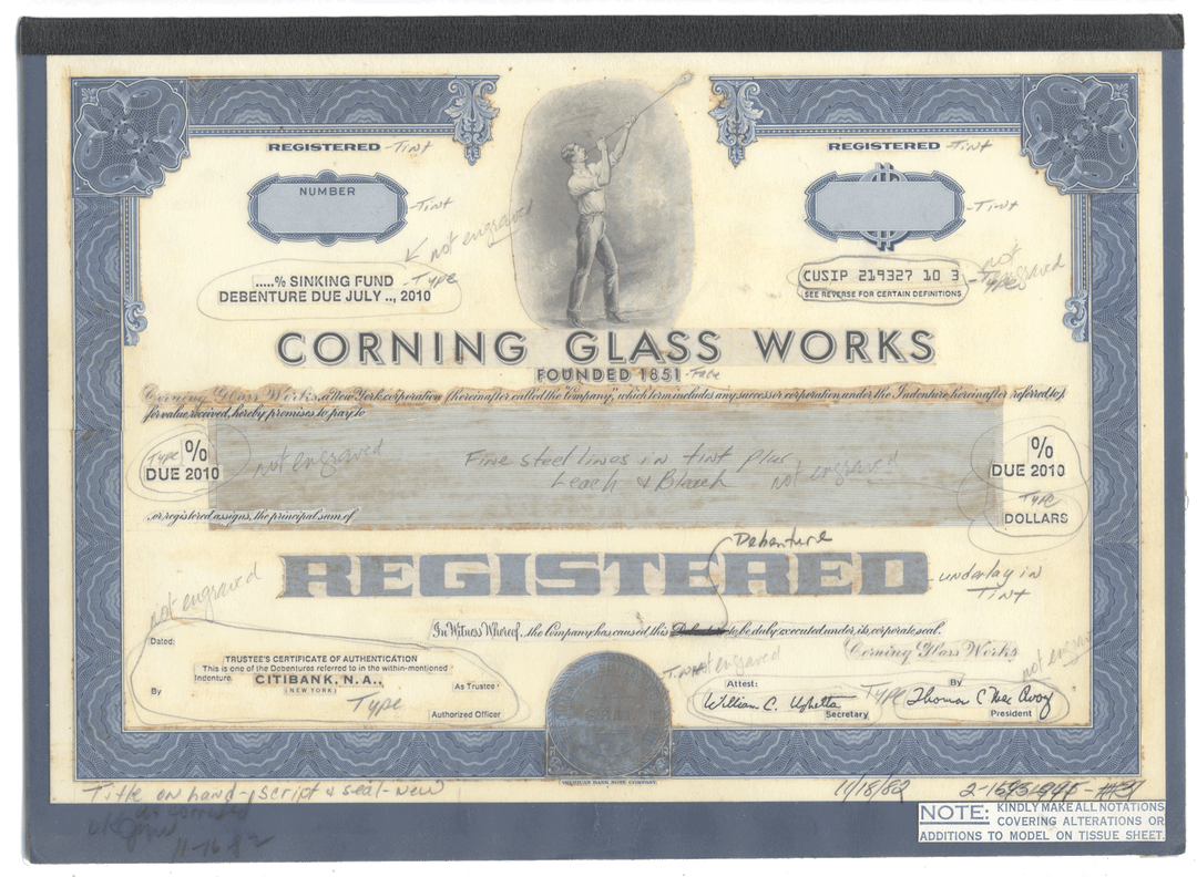 Working Proof from Corning Glass Works for the company's Sinking Fund Debenture Bonds