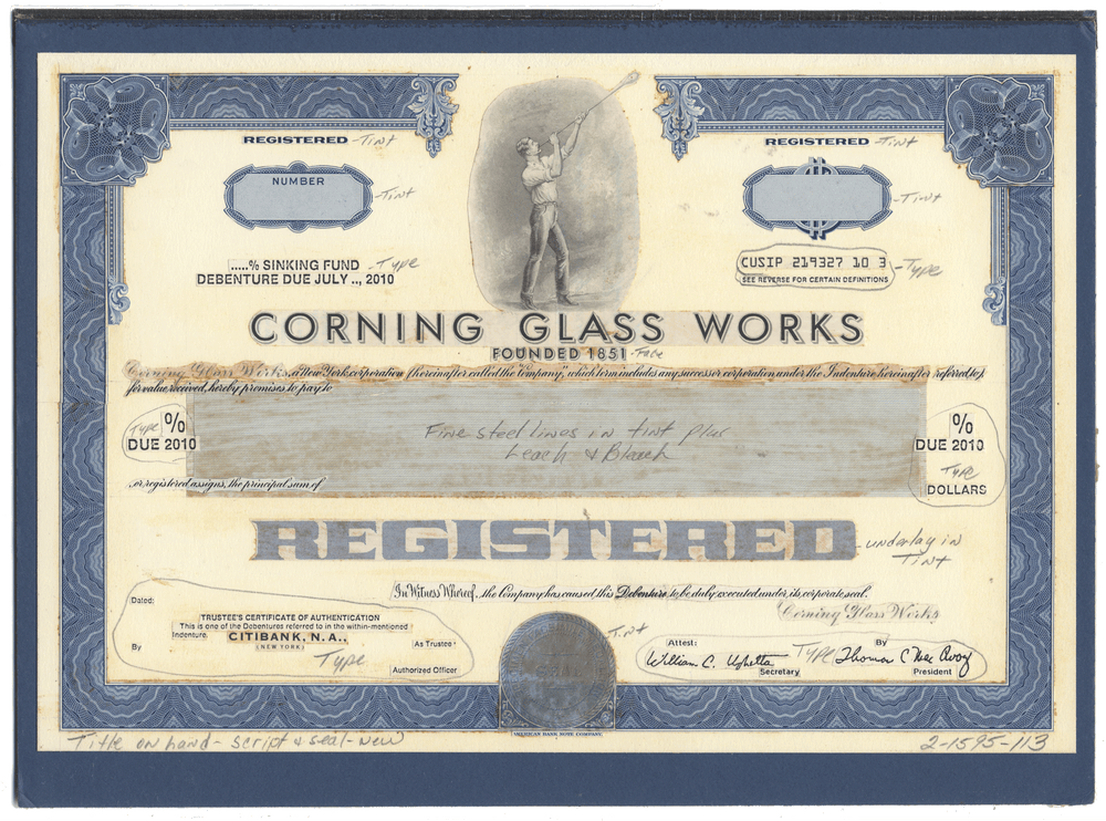 Working Proof from Corning Glass Works for the company's Sinking Fund Debenture Bonds