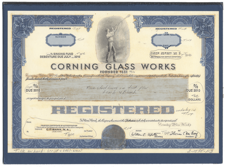 Working Proof from Corning Glass Works for the company's Sinking Fund Debenture Bonds