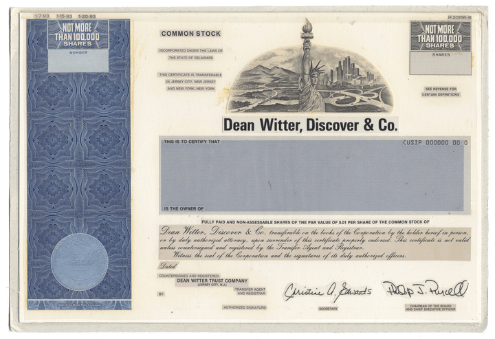 Working Proof from Dean Witter, Discover & Co. for the company's Common Stock