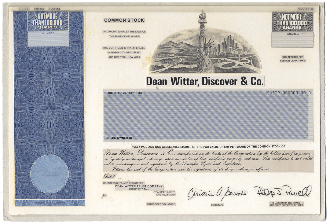 Working Proof from Dean Witter, Discover & Co. for the company's Common Stock