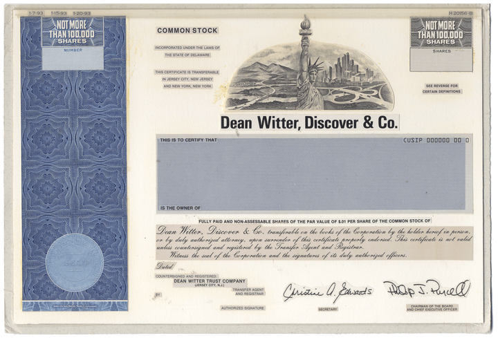 Working Proof from Dean Witter, Discover & Co. for the company's Common Stock