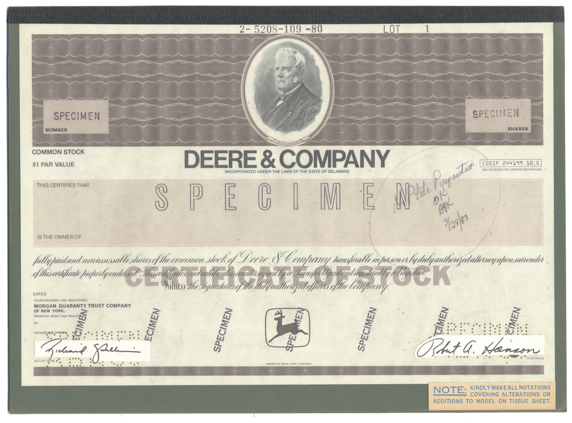 Rare DEERE & COMPANY Working Proof for Common Stock