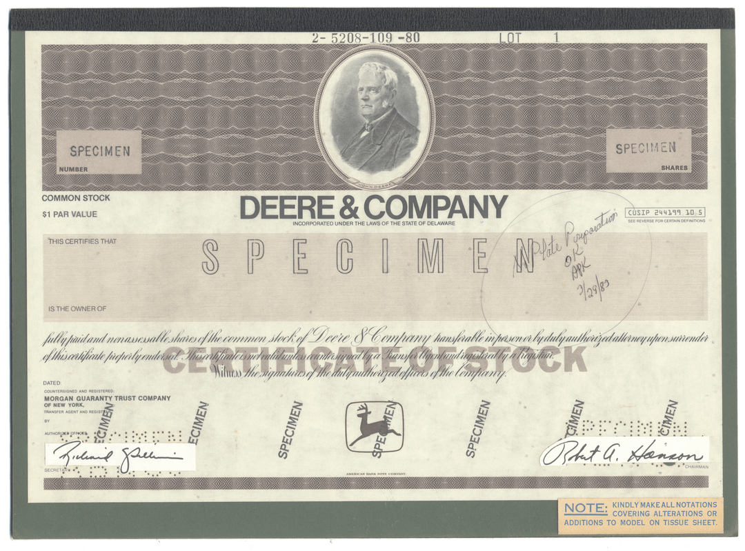 Rare DEERE & COMPANY Working Proof for Common Stock
