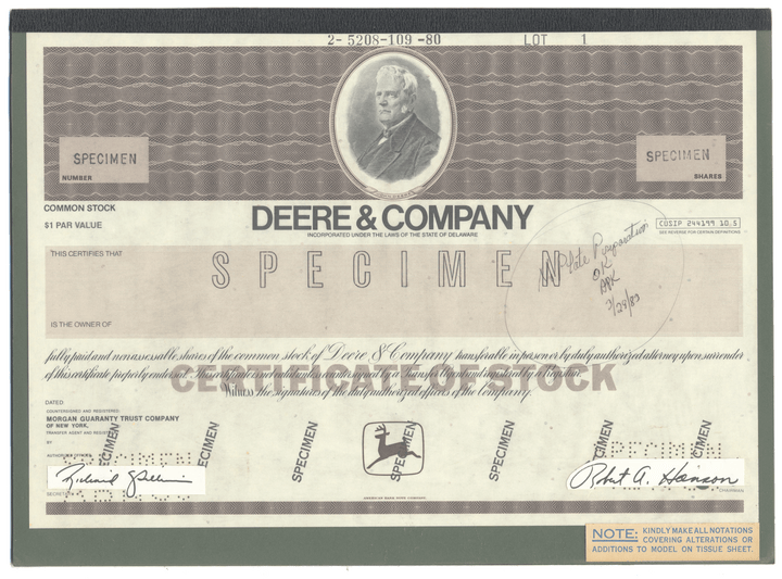 Rare DEERE & COMPANY Working Proof for Common Stock