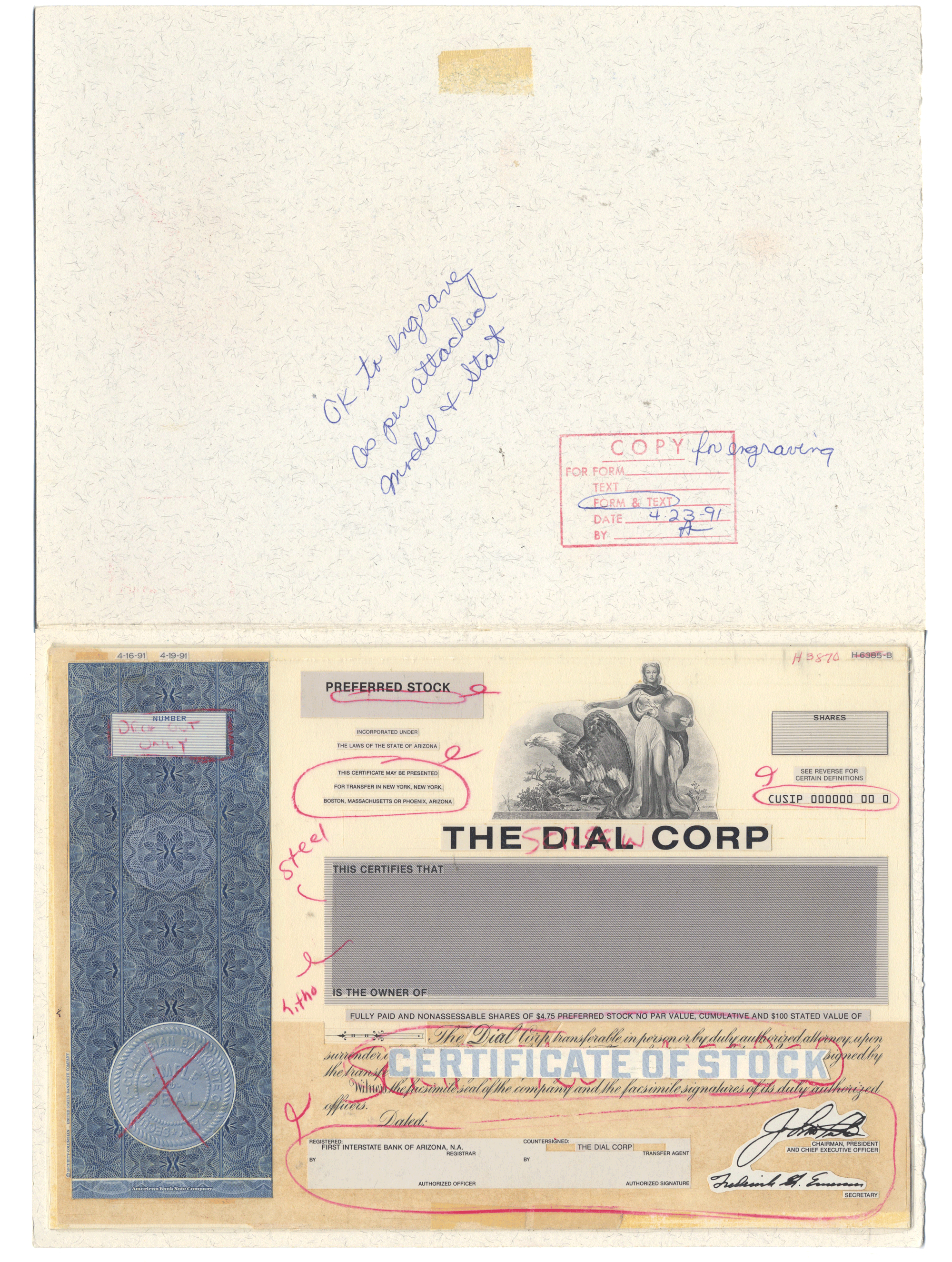 Working Proof from DIAL SOAPS of the company's Preferred Stock