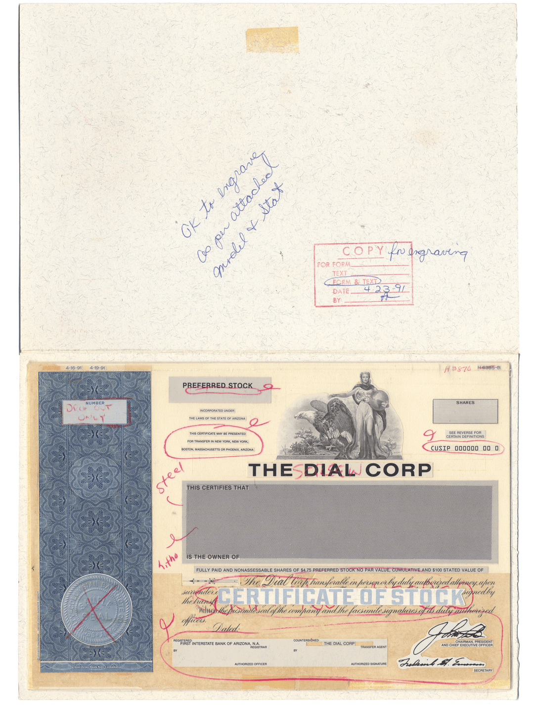 Working Proof from DIAL SOAPS of the company's Preferred Stock