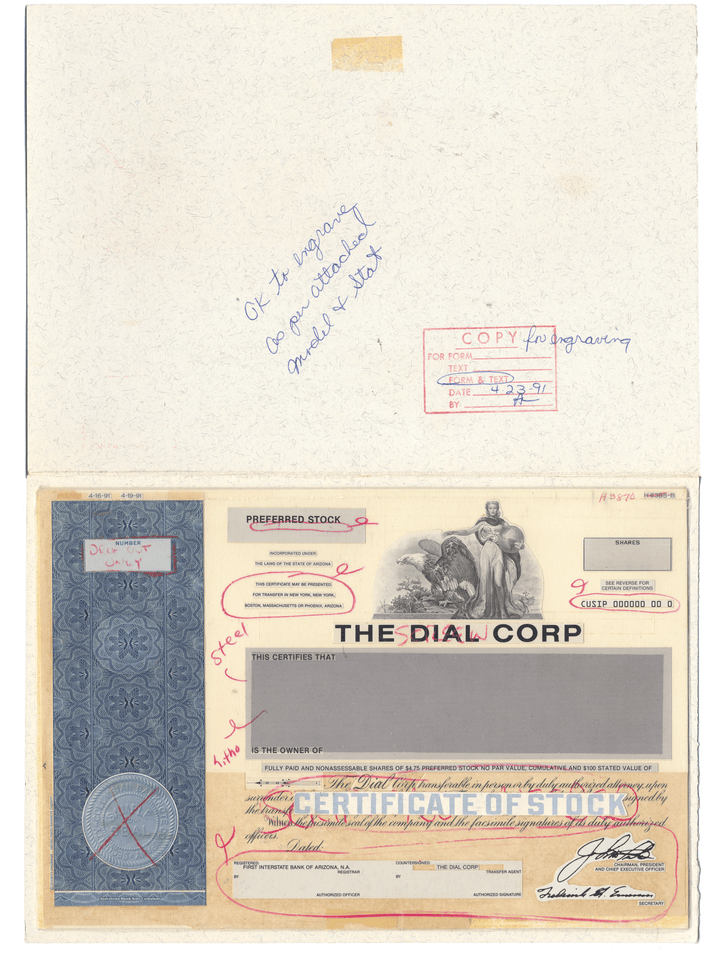 Working Proof from DIAL SOAPS of the company's Preferred Stock