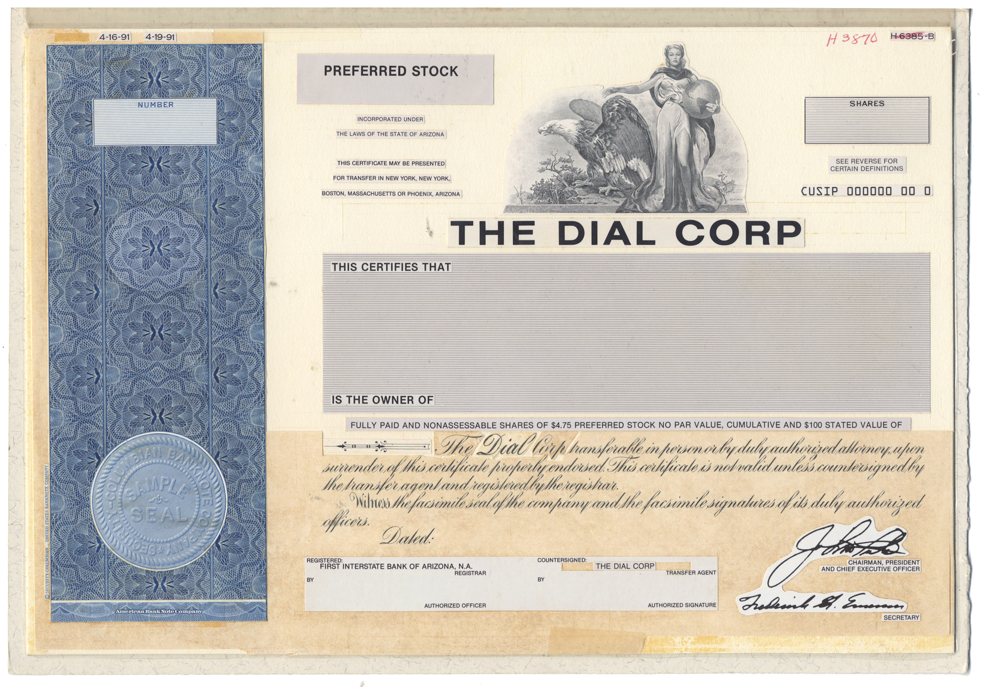 Working Proof from DIAL SOAPS of the company's Preferred Stock