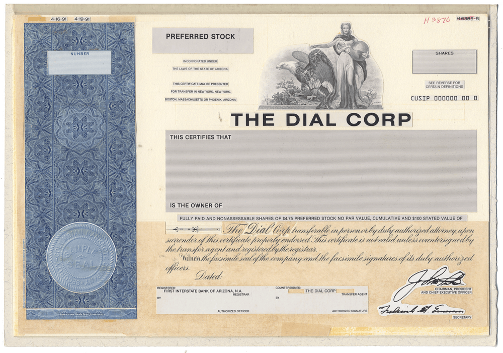 Working Proof from DIAL SOAPS of the company's Preferred Stock