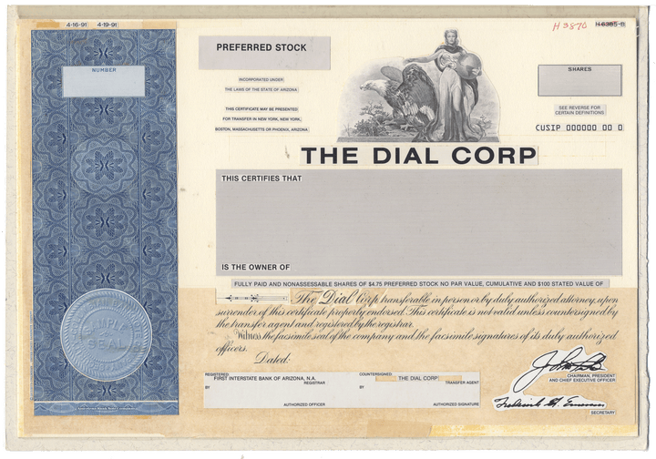 Working Proof from DIAL SOAPS of the company's Preferred Stock