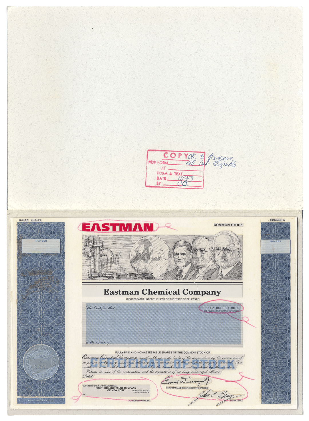 Rare Eastman Chemical Company stock certificate proof