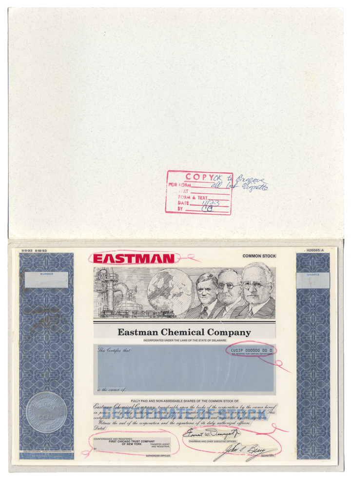 Rare Eastman Chemical Company stock certificate proof