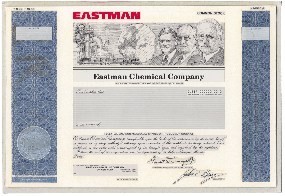 Rare Eastman Chemical Company stock certificate proof