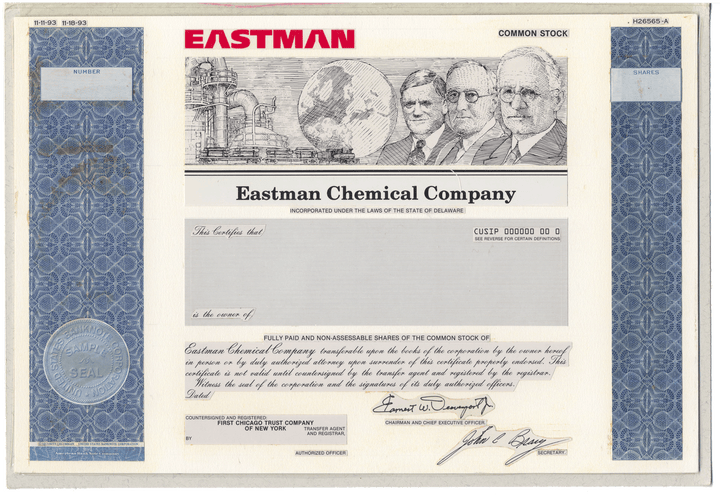 Rare Eastman Chemical Company stock certificate proof