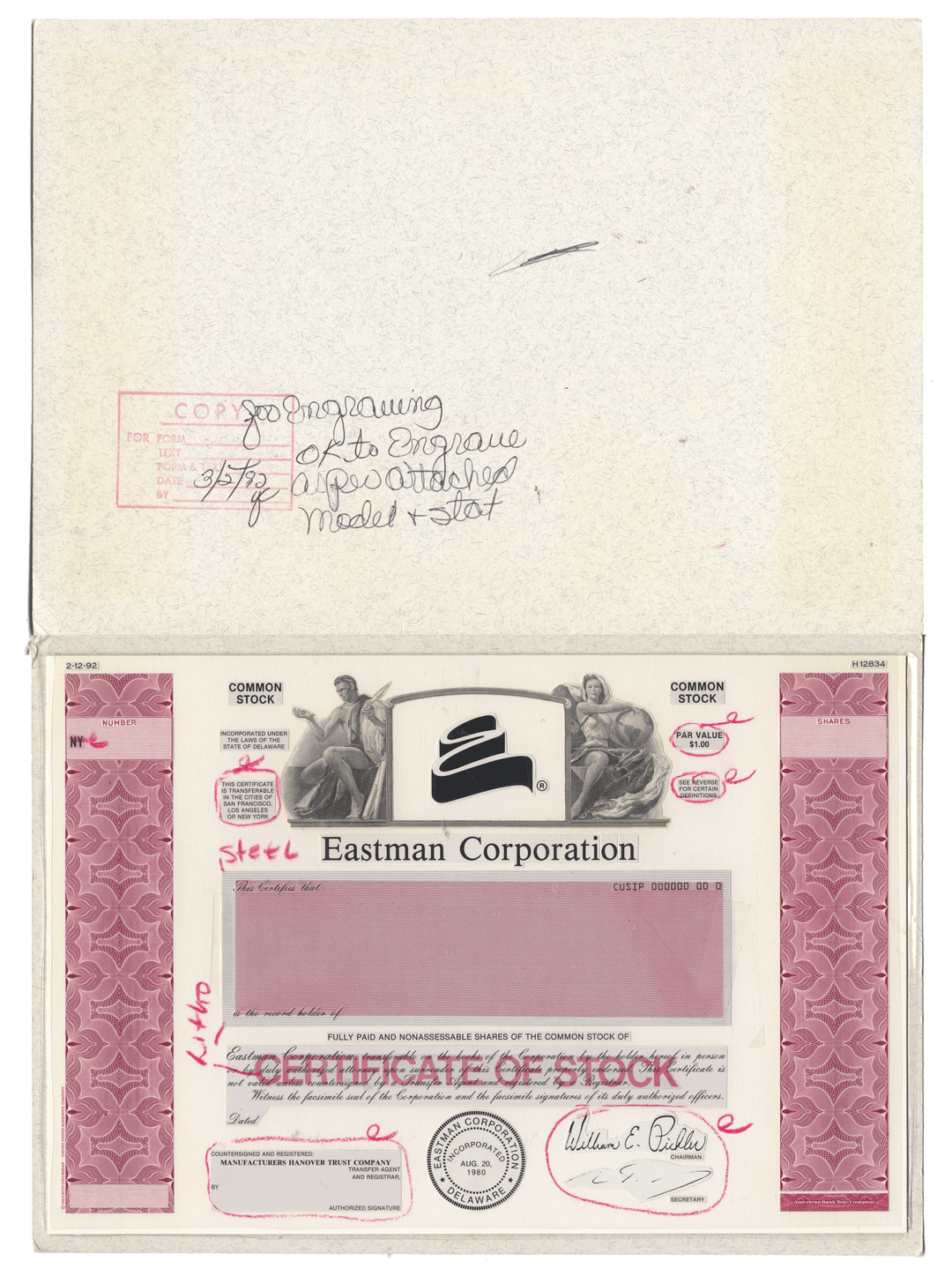 Working Proof from the Eastman Corporation for the company's Common Stock