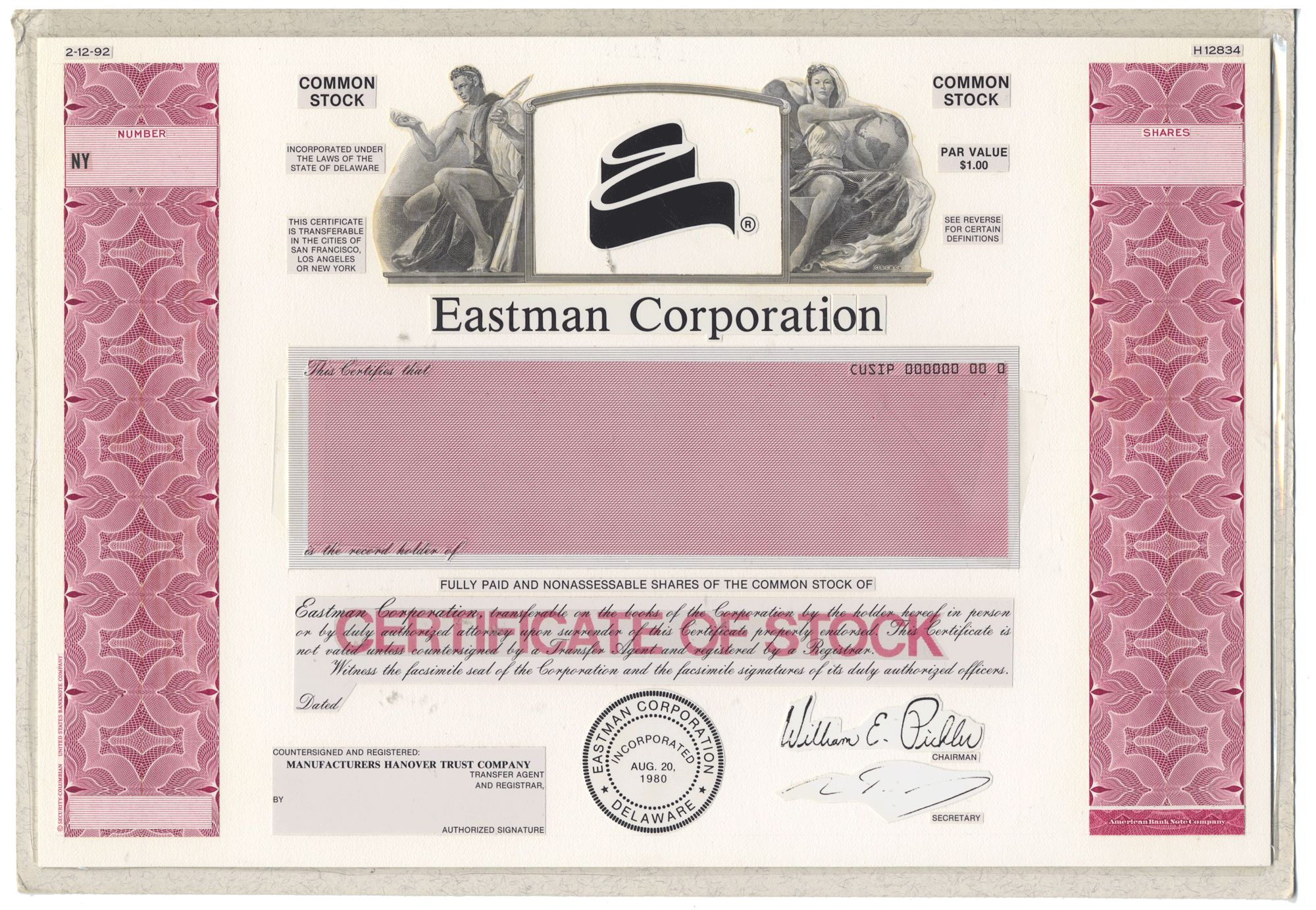 Working Proof from the Eastman Corporation for the company's Common Stock