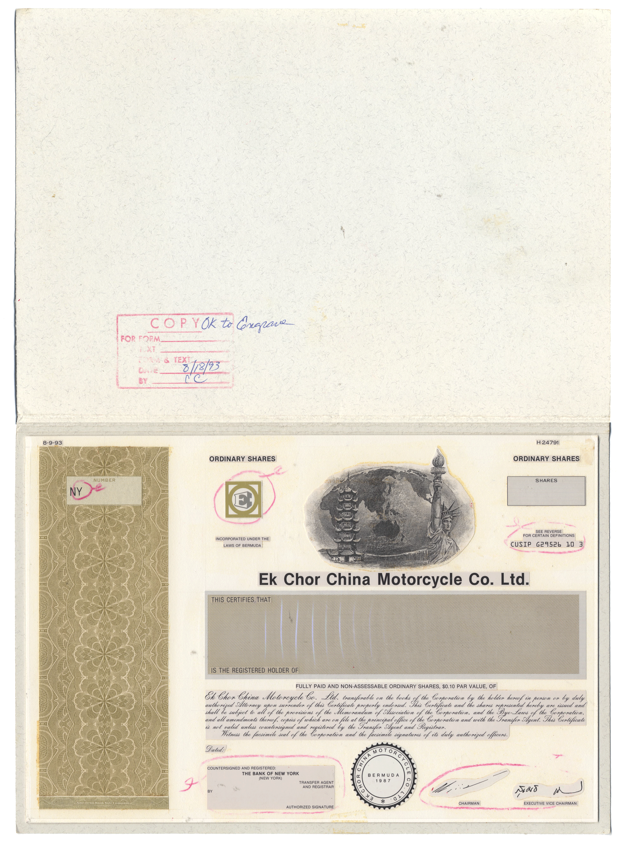 Working Proof from the Ek Chor China Motorcycle Co. for the company's Ordinary Shares