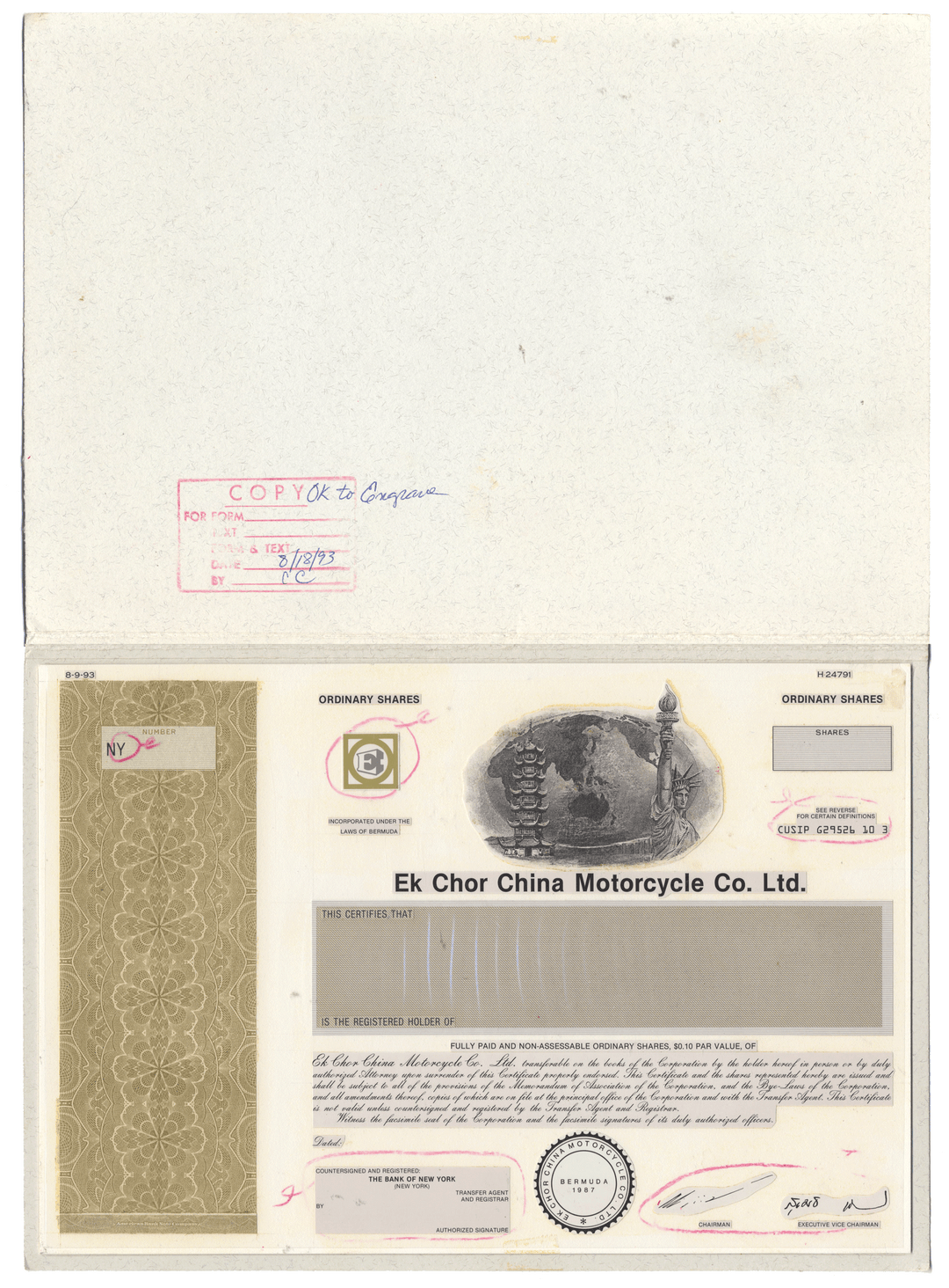 Working Proof from the Ek Chor China Motorcycle Co. for the company's Ordinary Shares