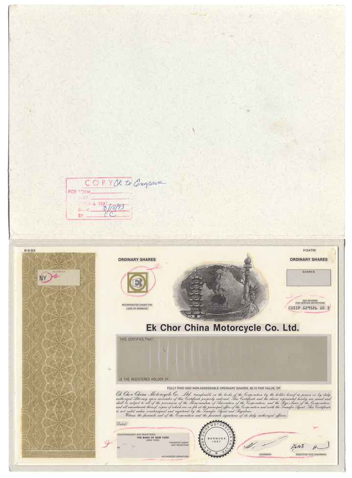 Working Proof from the Ek Chor China Motorcycle Co. for the company's Ordinary Shares