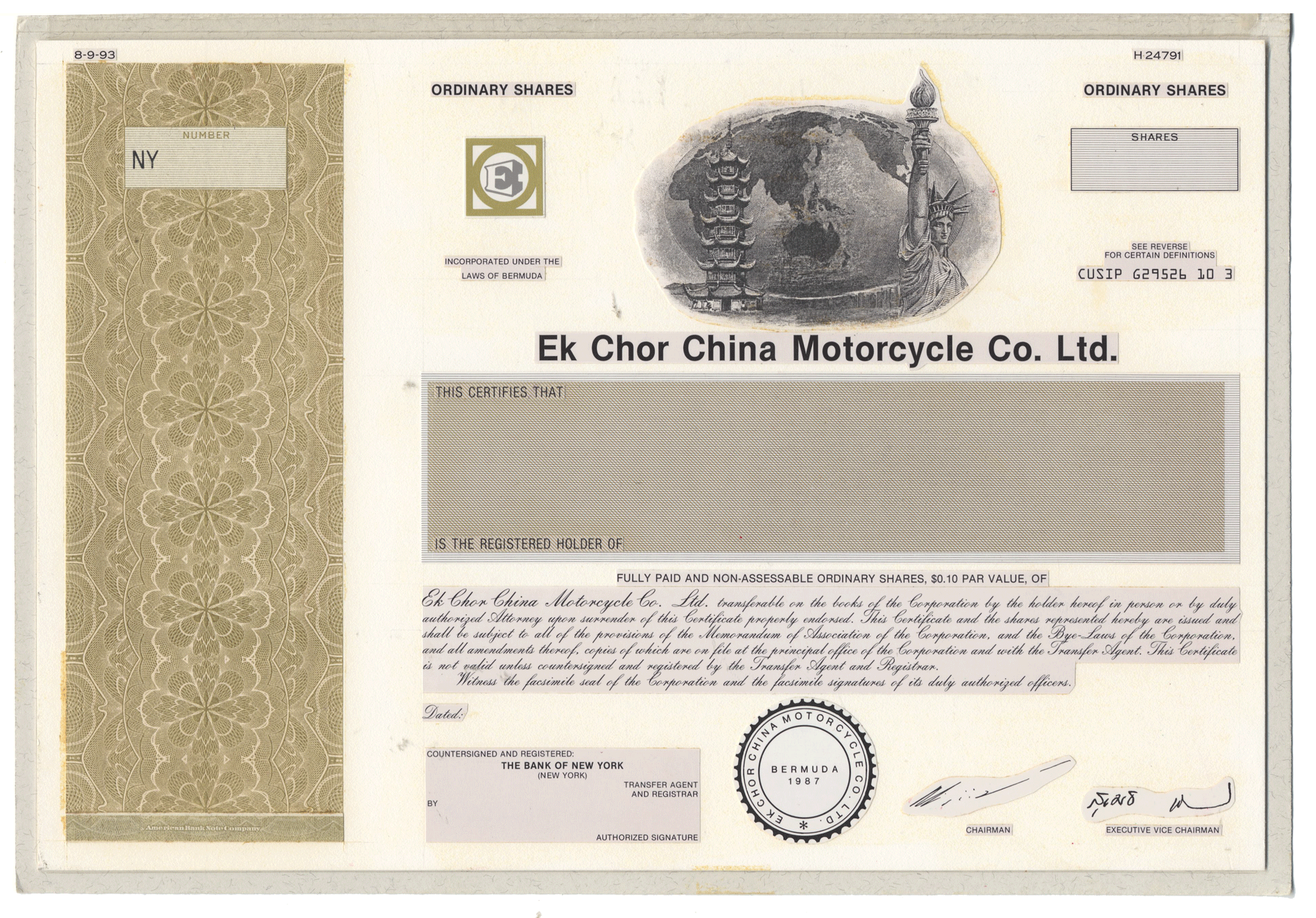 Working Proof from the Ek Chor China Motorcycle Co. for the company's Ordinary Shares