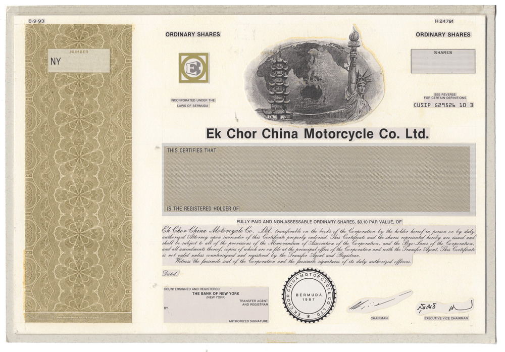 Working Proof from the Ek Chor China Motorcycle Co. for the company's Ordinary Shares