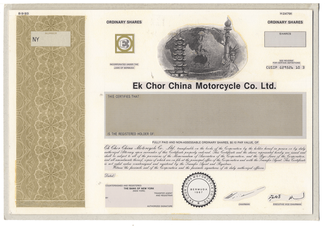 Working Proof from the Ek Chor China Motorcycle Co. for the company's Ordinary Shares