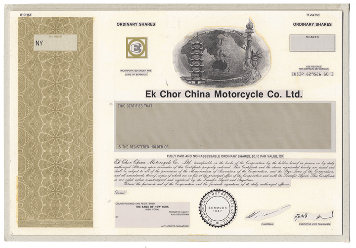 Working Proof from the Ek Chor China Motorcycle Co. for the company's Ordinary Shares