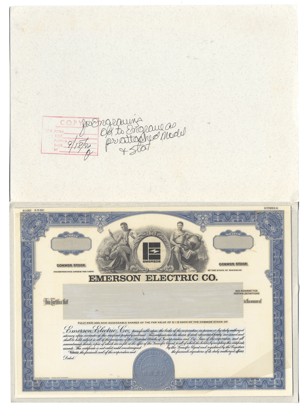 Working Proof from EMERSON ELECTRIC for one of the company's Common Stock certificates