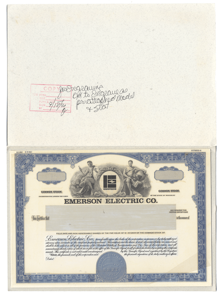 Working Proof from EMERSON ELECTRIC for one of the company's Common Stock certificates