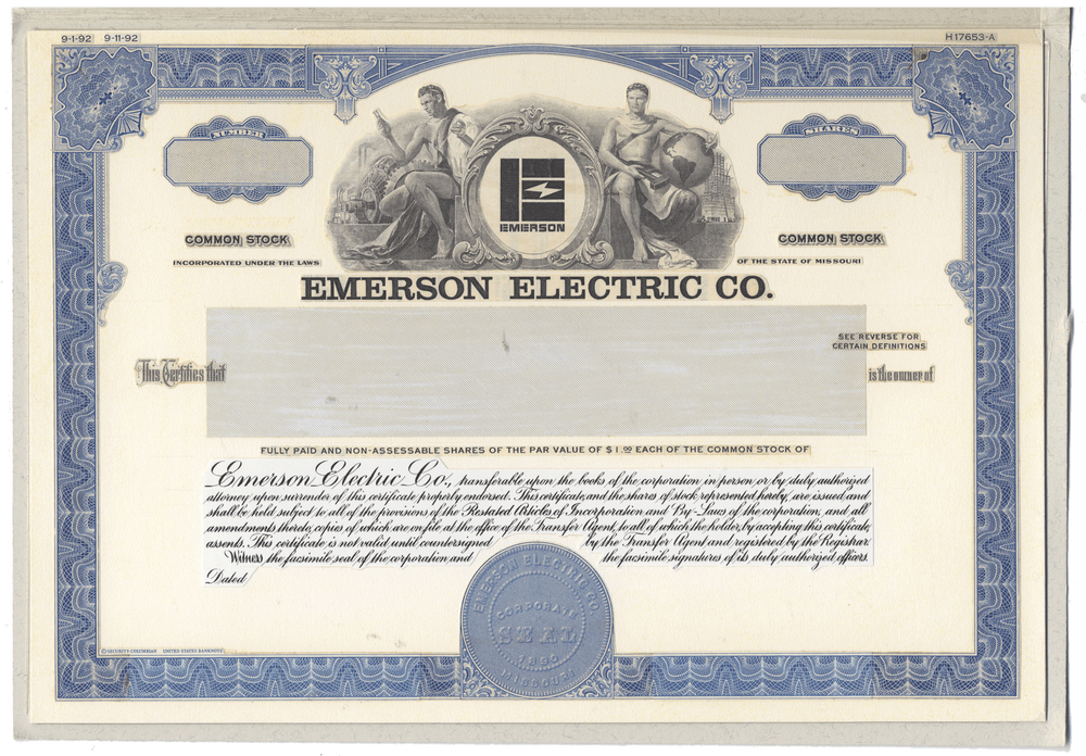 Working Proof from EMERSON ELECTRIC for one of the company's Common Stock certificates