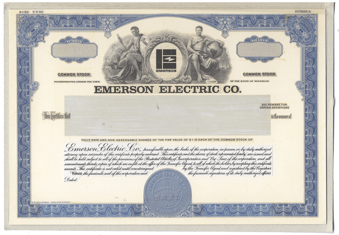 Working Proof from EMERSON ELECTRIC for one of the company's Common Stock certificates