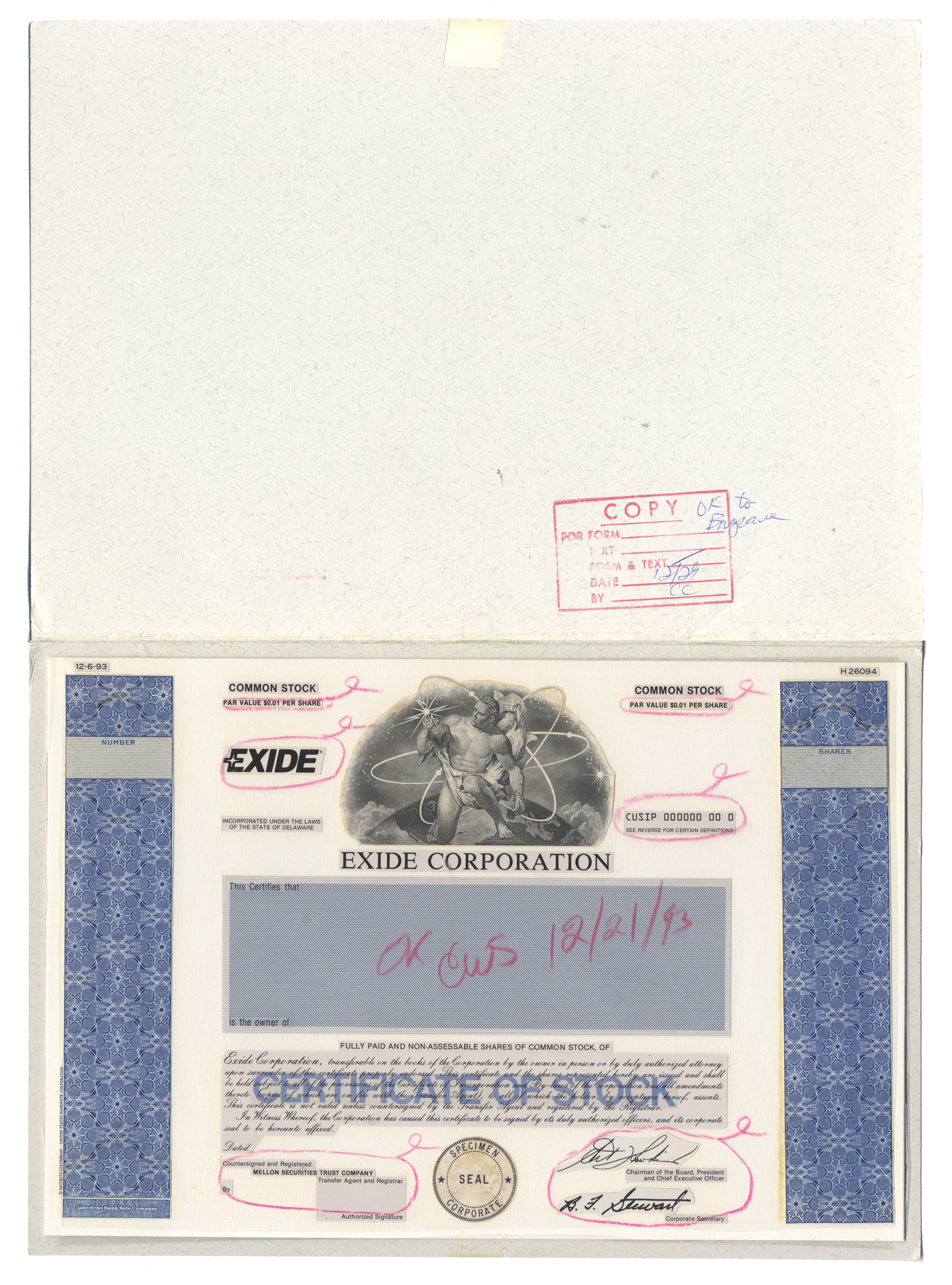 Working Proof from the Exide Corporation for the company's Common Stock