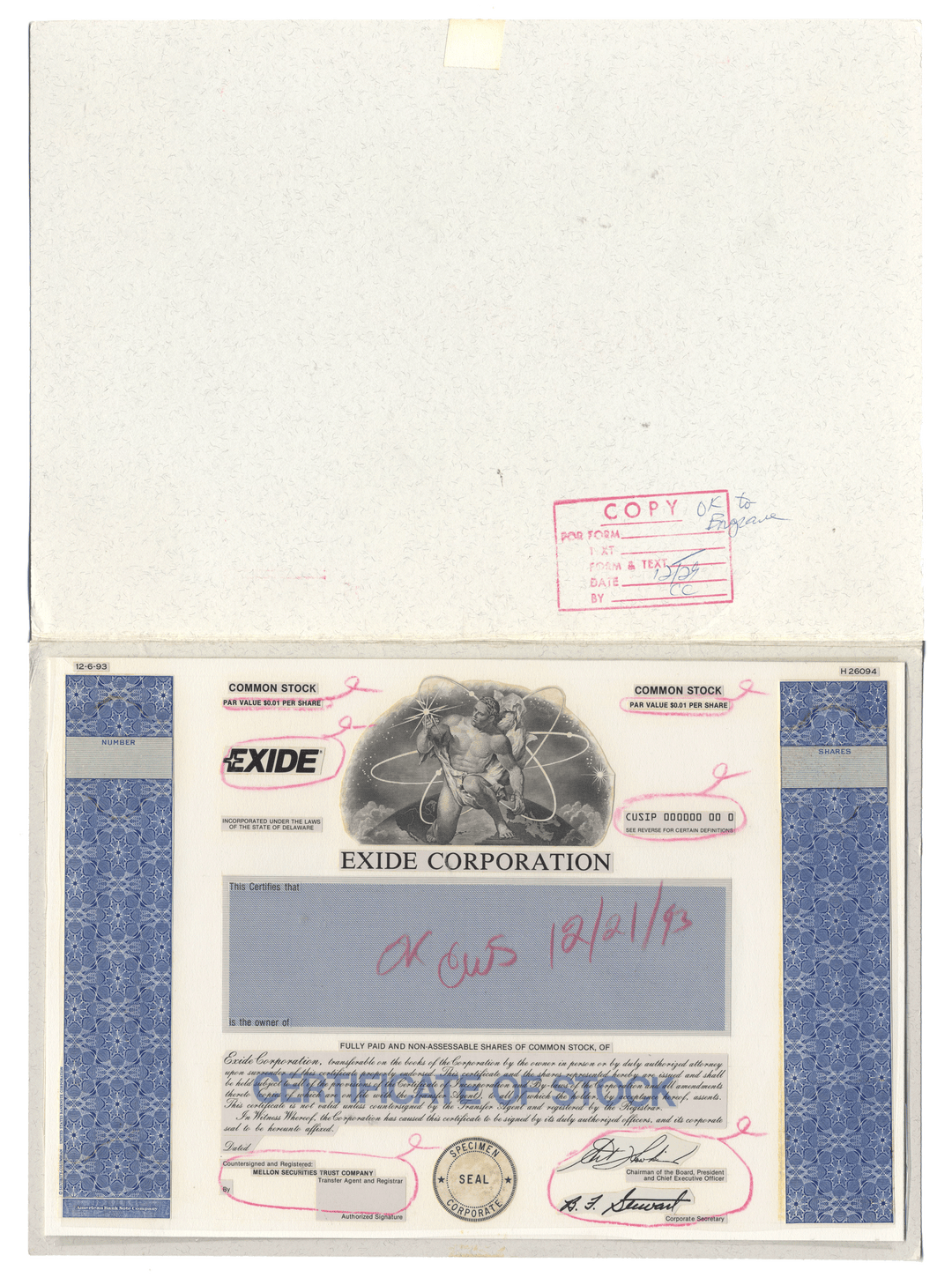 Working Proof from the Exide Corporation for the company's Common Stock