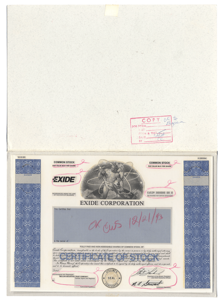 Working Proof from the Exide Corporation for the company's Common Stock