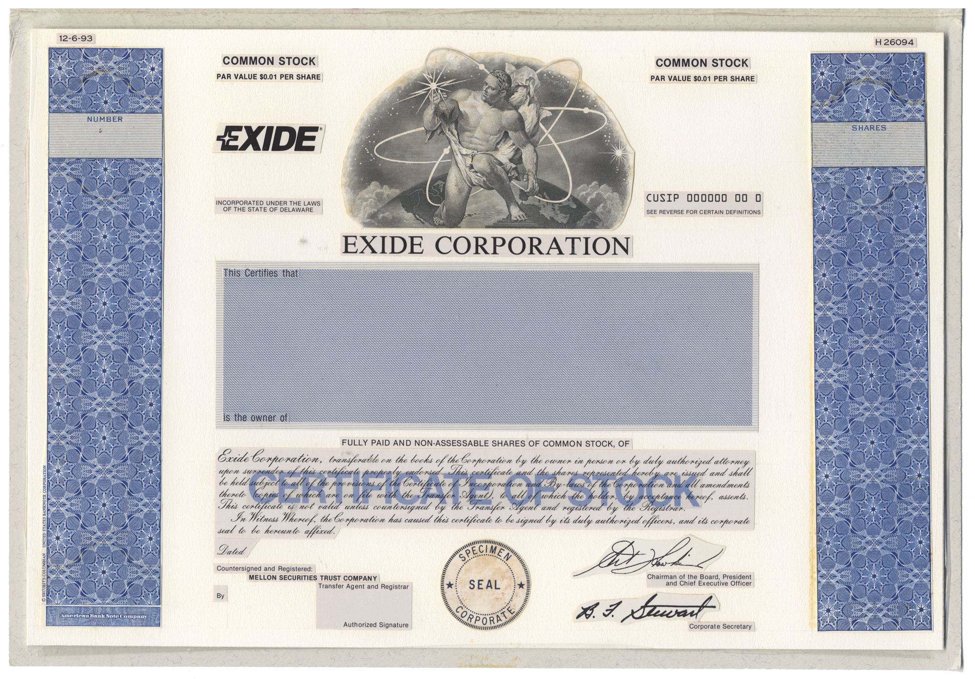 Working Proof from the Exide Corporation for the company's Common Stock
