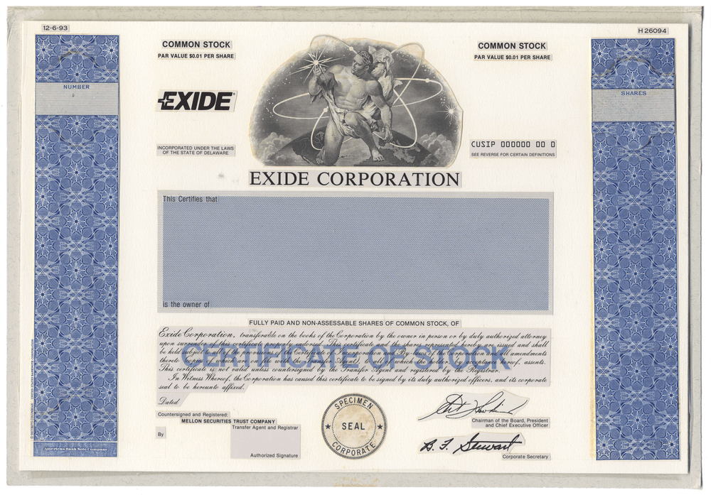 Working Proof from the Exide Corporation for the company's Common Stock