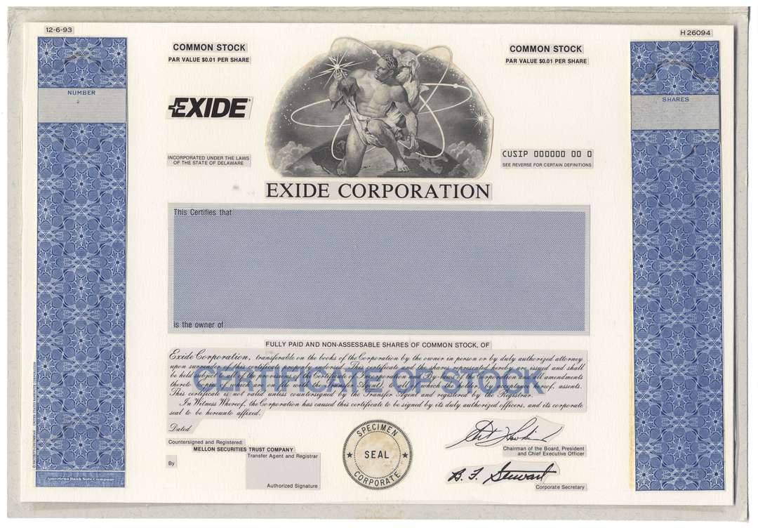 Working Proof from the Exide Corporation for the company's Common Stock
