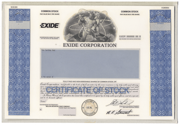 Working Proof from the Exide Corporation for the company's Common Stock