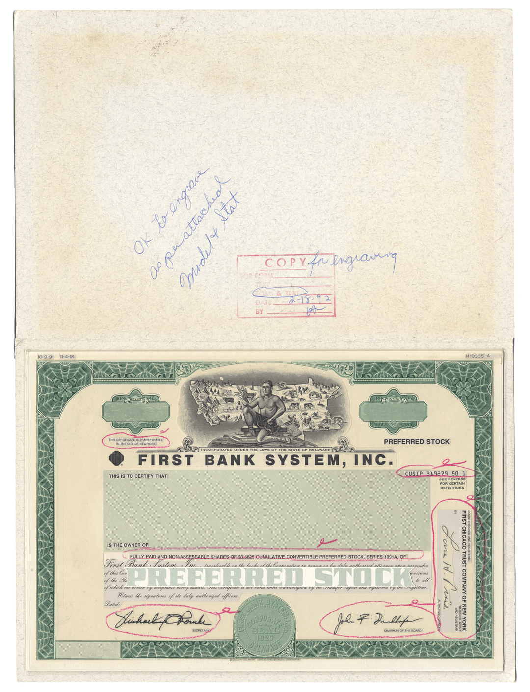 Very Rare FIRST BANK SYSTEMS Working Proof for Preferred Stock