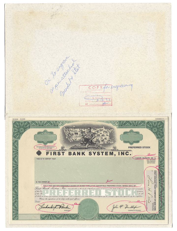 Very Rare FIRST BANK SYSTEMS Working Proof for Preferred Stock