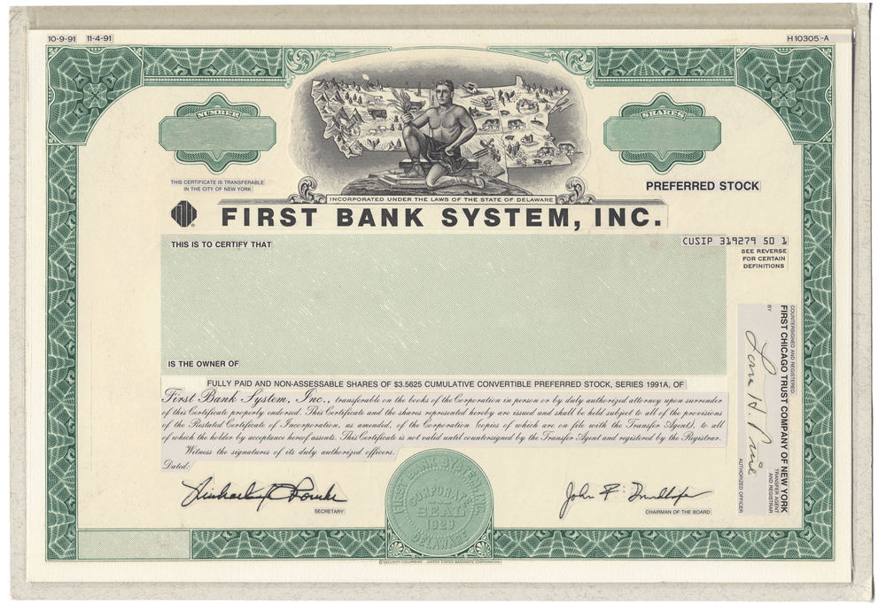 Very Rare FIRST BANK SYSTEMS Working Proof for Preferred Stock