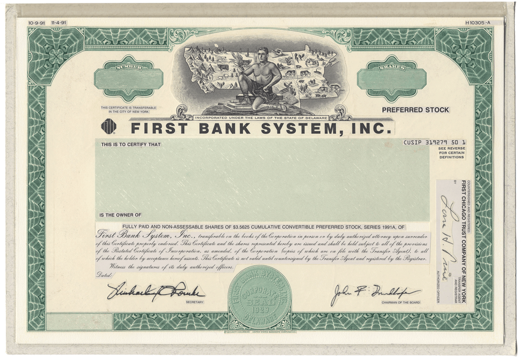 Very Rare FIRST BANK SYSTEMS Working Proof for Preferred Stock