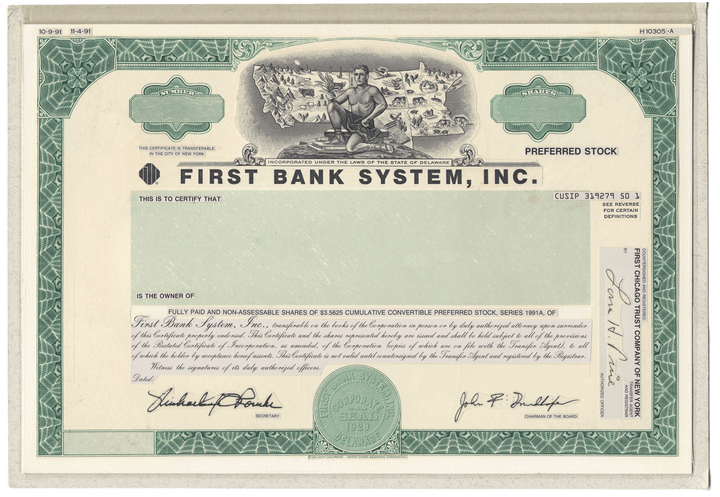 Very Rare FIRST BANK SYSTEMS Working Proof for Preferred Stock